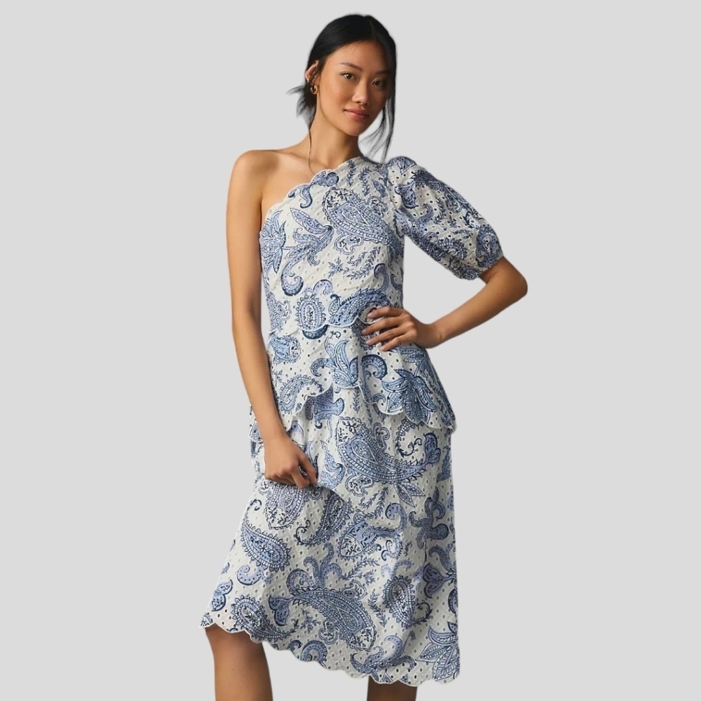 Anthropologie‎ Farm Rio One Shoulder Puffed Sleeve Eyelet Midi Dress Sz L NWT